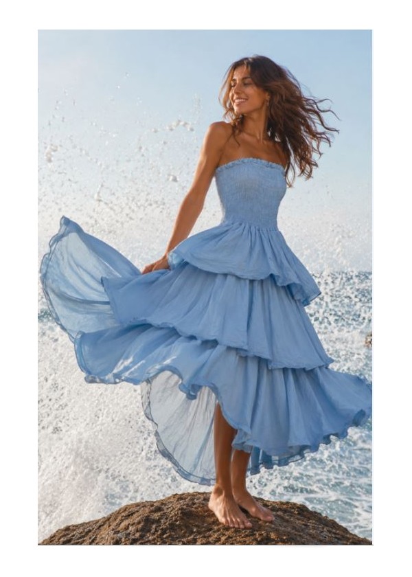 Vestido palabra de honor volantes azul celeste