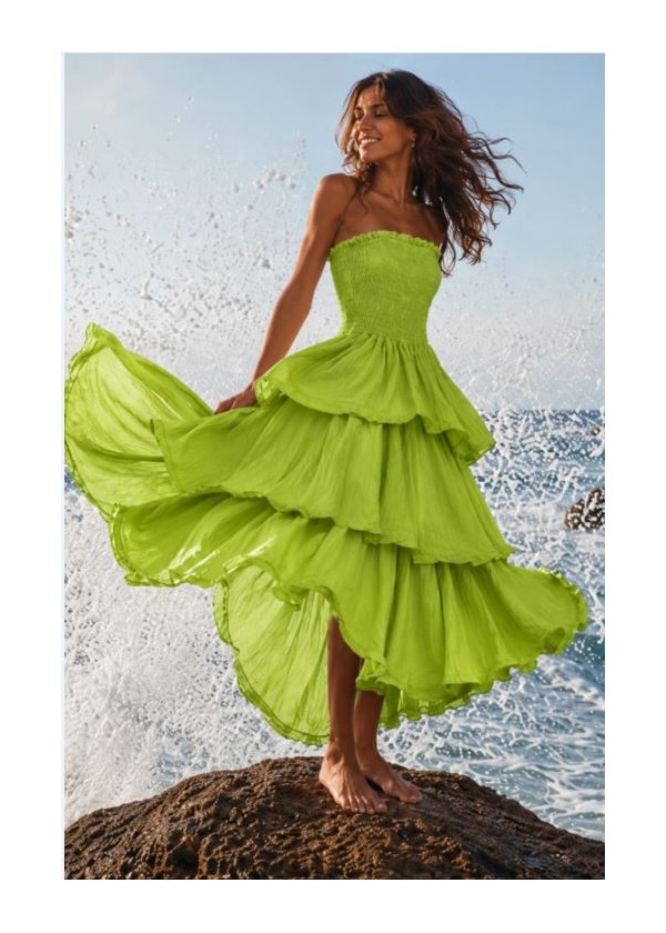 Vestido palabra de honor volantes verde pistacho