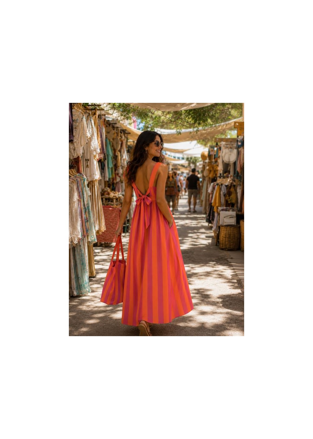 Vestido largo rayas lazada detras naranja-rosa