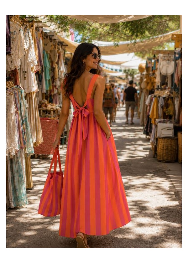 Vestido largo rayas lazada detras naranja-rosa