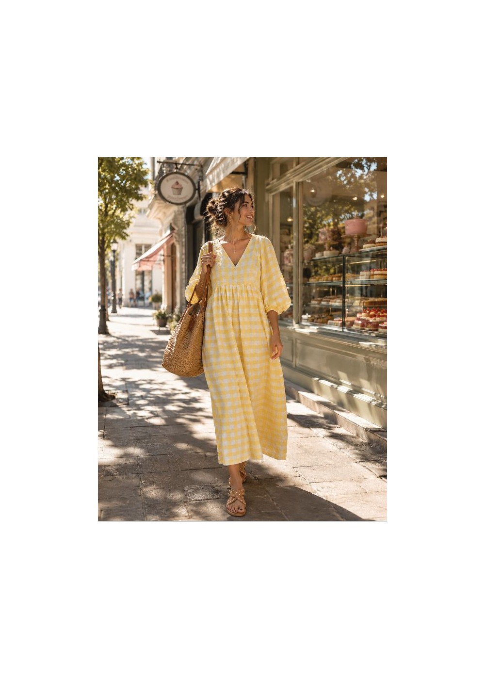 Vestido cuadro grande, manga globo  amarillo