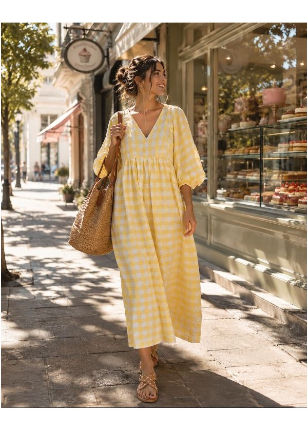 Vestido cuadro grande, manga globo  amarillo