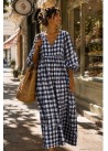 Vestido cuadro grande, manga globo  azul marino