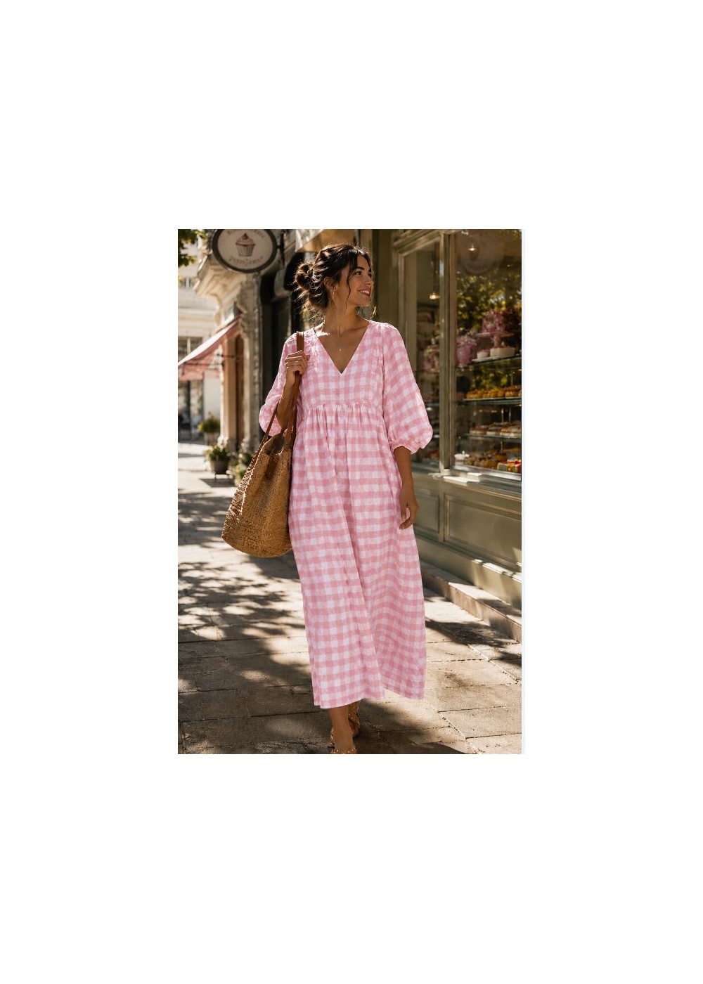 Vestido cuadro grande, manga globo  rosa