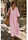 Vestido cuadro grande, manga globo  rosa