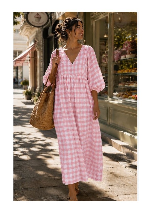 Vestido cuadro grande, manga globo  rosa