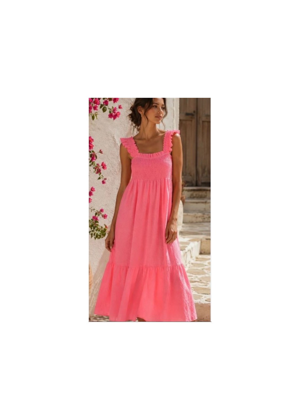 Vestido nido de abeja  volantes cuadrito fluor rosa