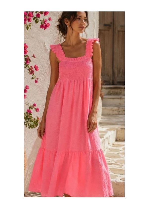 Vestido nido de abeja  volantes cuadrito fluor rosa