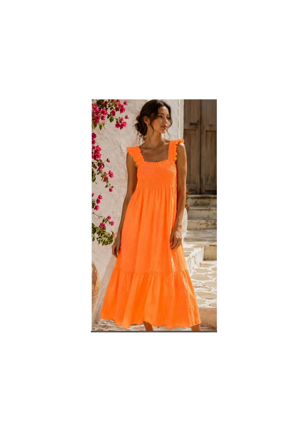 Vestido nido de abeja  volantes cuadrito fluor naranja