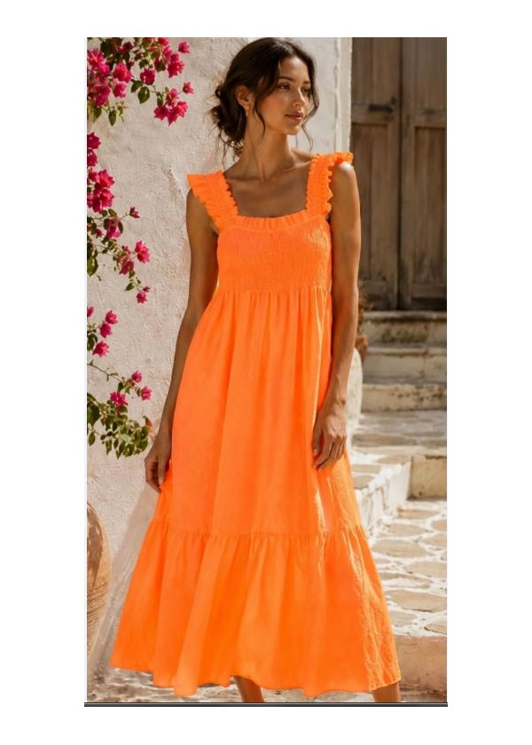 Vestido nido de abeja  volantes cuadrito fluor naranja