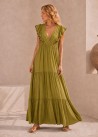 Vestido escote cruzado verde oliva bordado chocolate