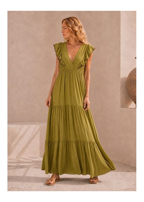 Vestido escote cruzado verde oliva bordado chocolate