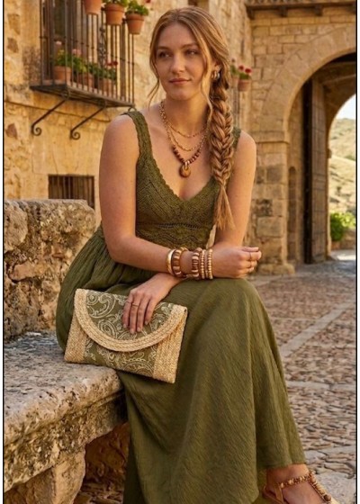 Vestido crochet verde kaki