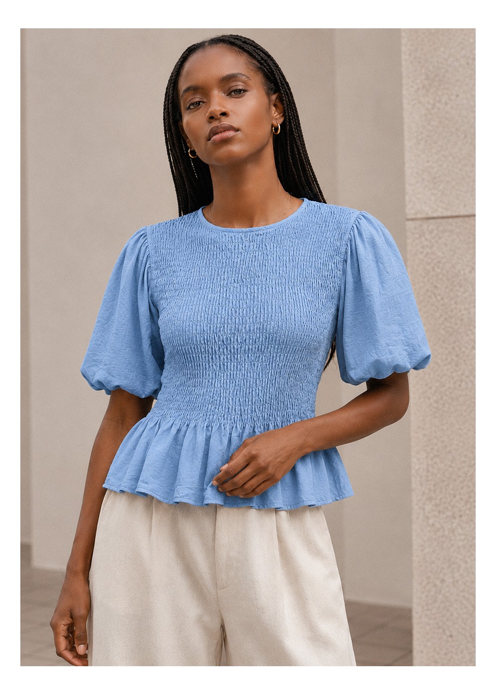 Blusa nido de abeja manga abullonada azul celeste