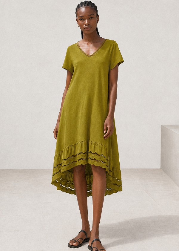 Vestido 100% algodón dos largos cuello pico verde oliva