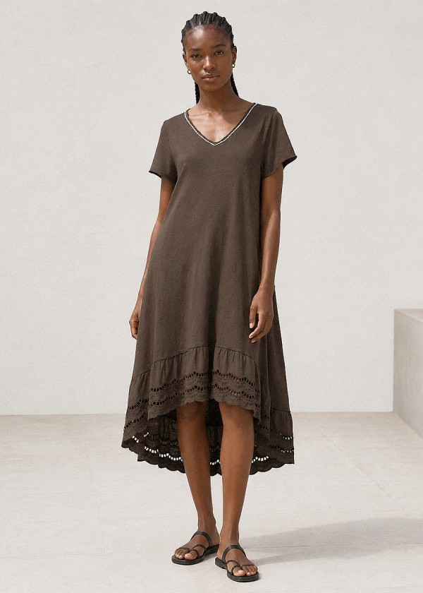 Vestido 100% algodón dos largos cuello pico chocolate