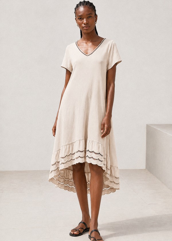 Vestido 100% algodón dos largos cuello pico beis