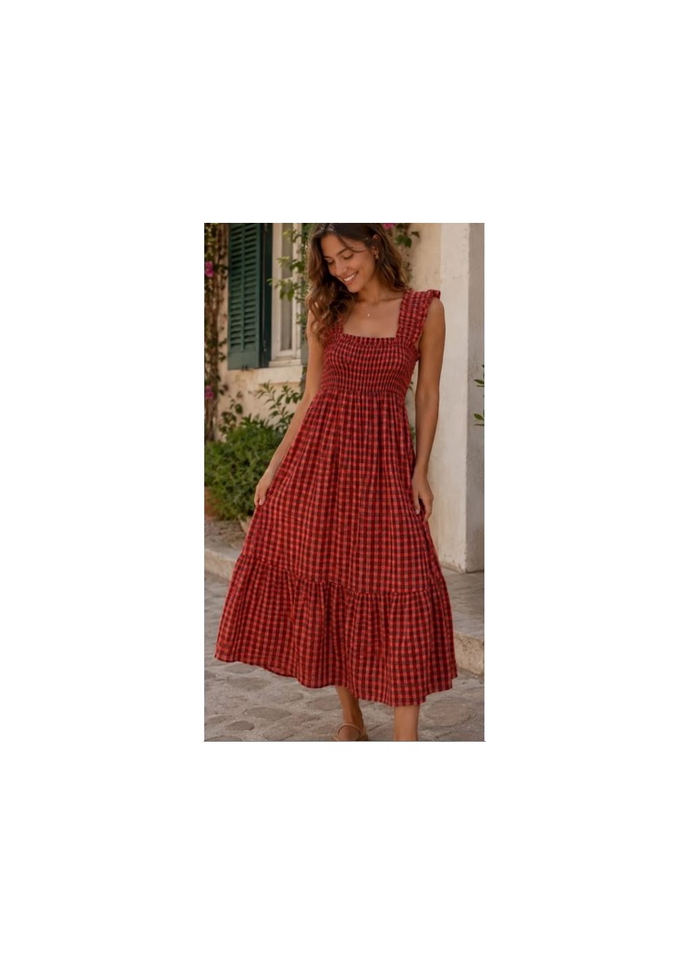Vestido cuadro con VOLANTES  en asa y escote fluor