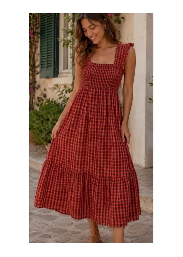 Vestido cuadro con VOLANTES  en asa y escote fluor