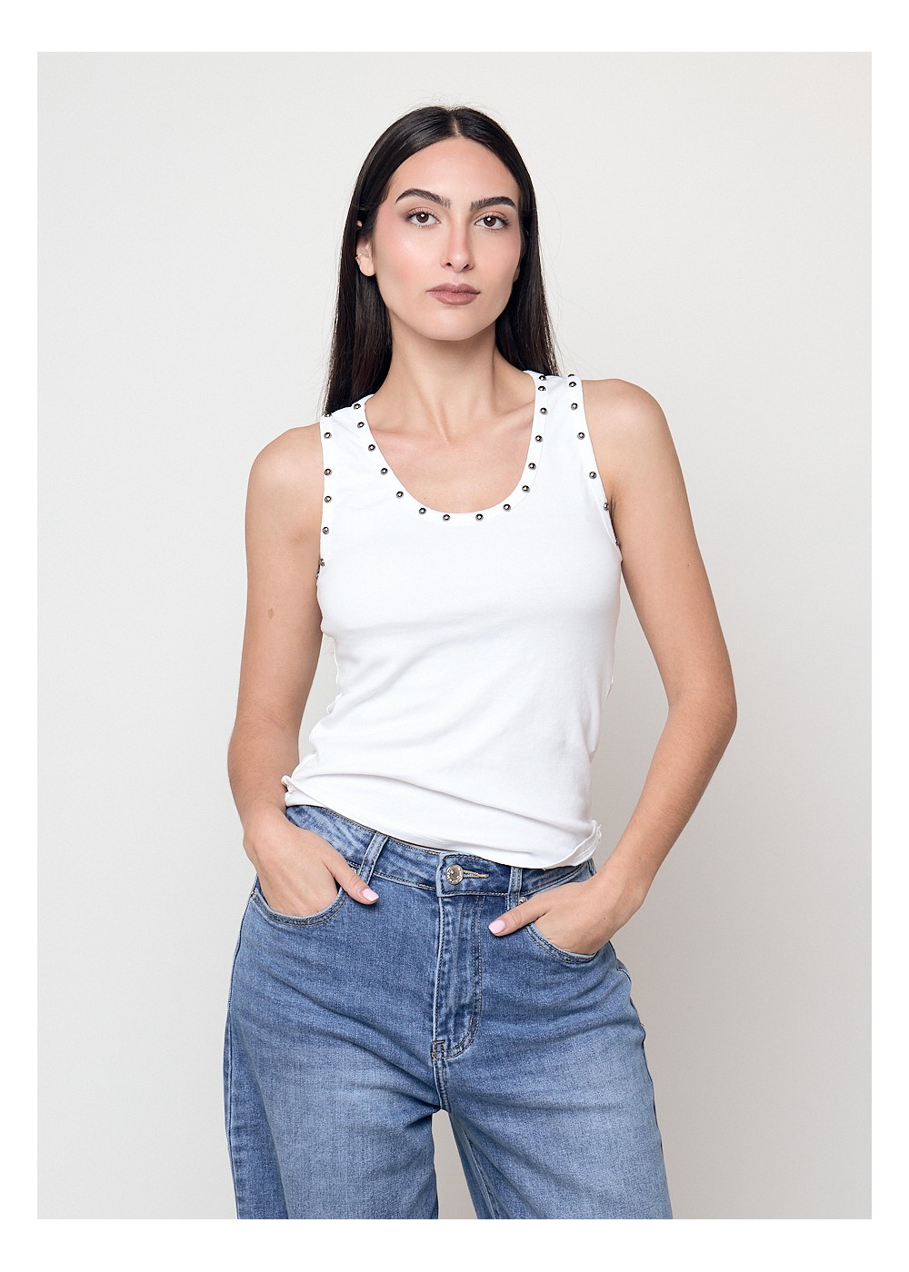Top tachas blanco algodón