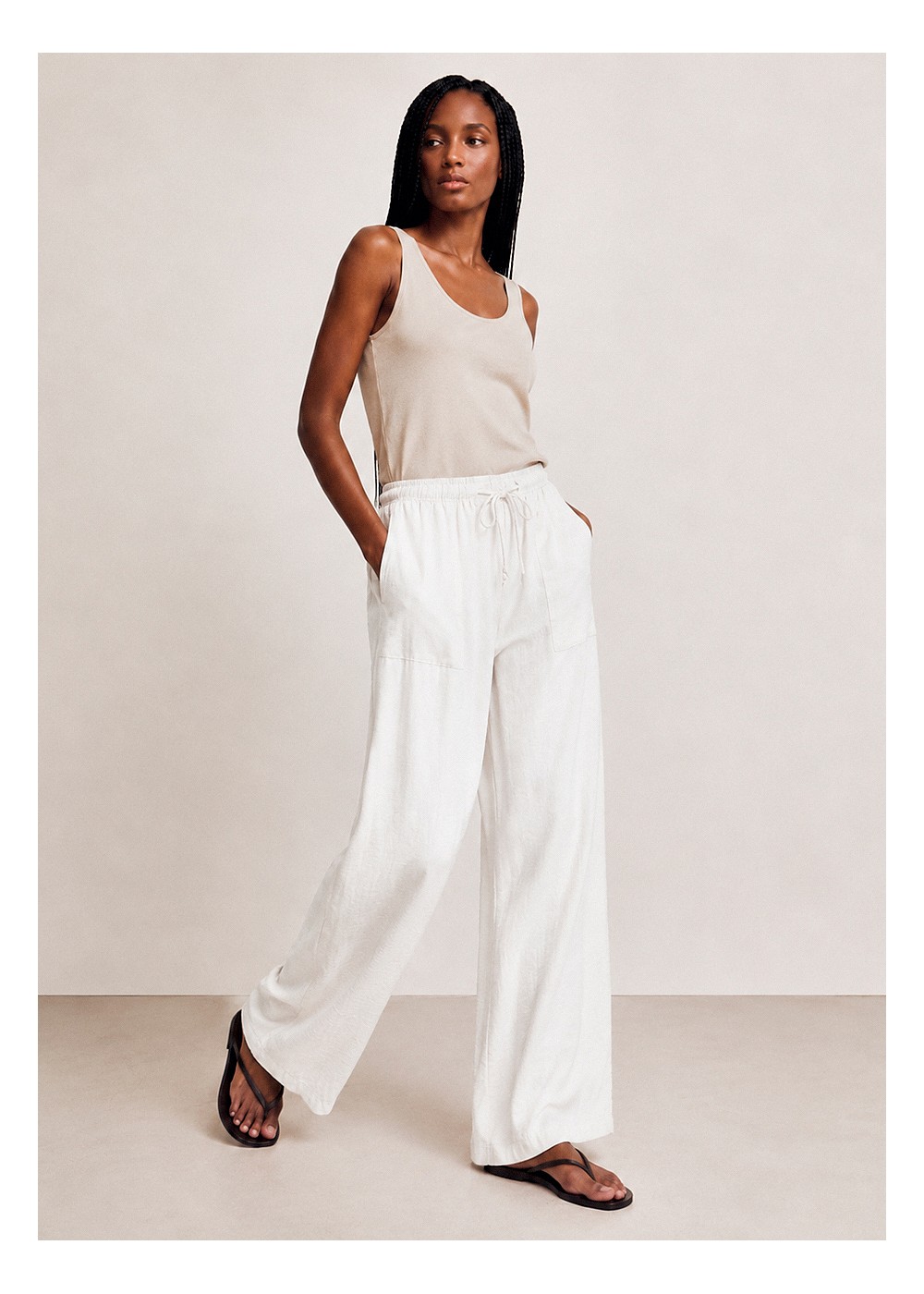 Pantalón cintura elastica largo nylon largo blanco roto