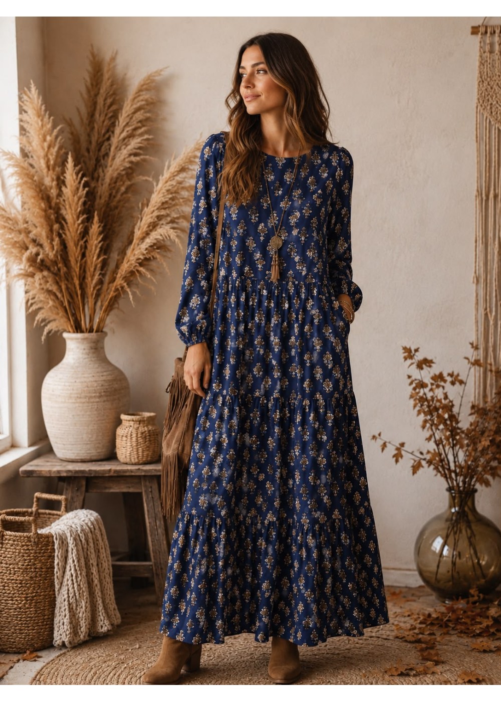 Vestido estampado volantes y puño fruncido azul marino