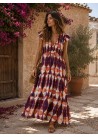 Vestido estampado cuello pico teja berenjena