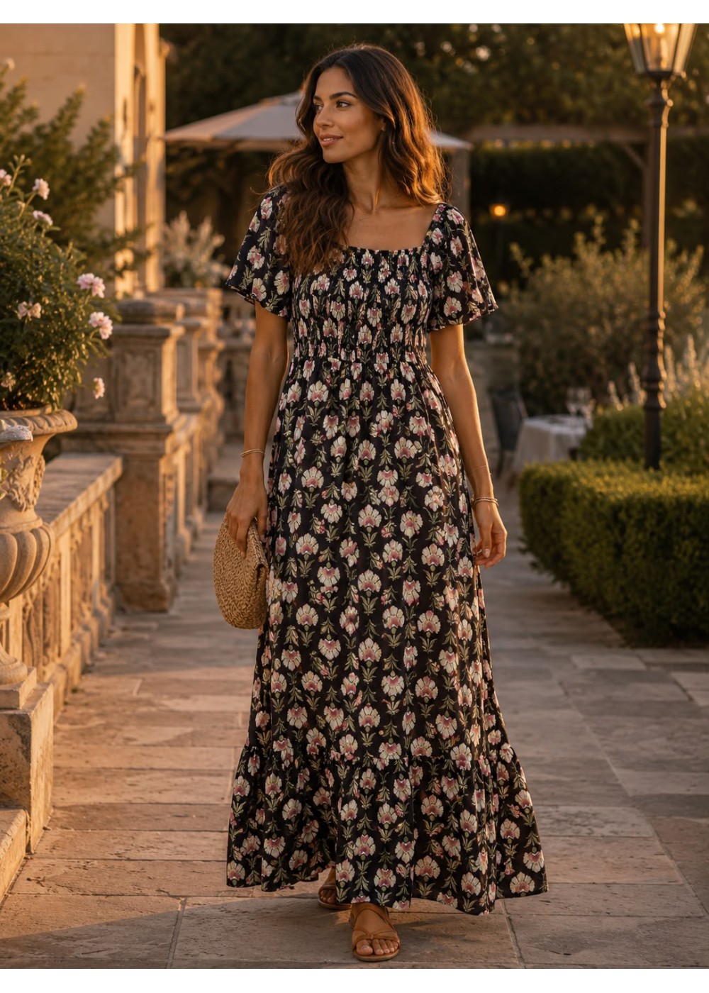Vestido estampado flores  volante en manga negro