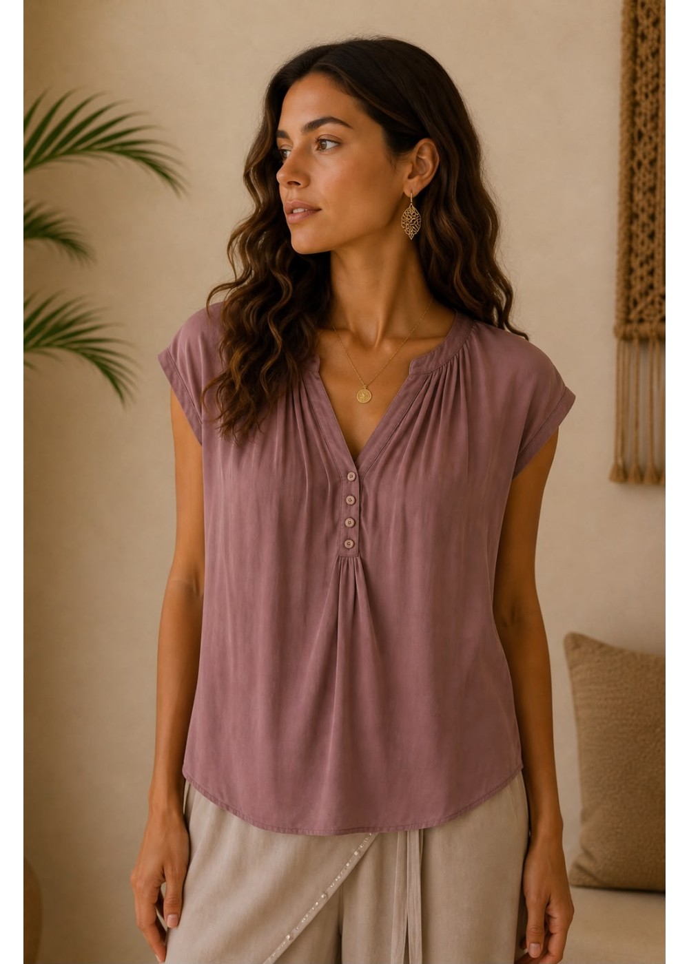 Blusa botones satinada berenjena