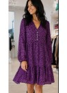 Vestido  frunce cuello pico y volante berenjena