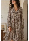 Vestido  frunce cuello pico y volante beis