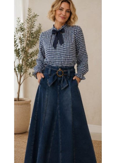Camisa cuadros lazo frunce cuello y puños azul