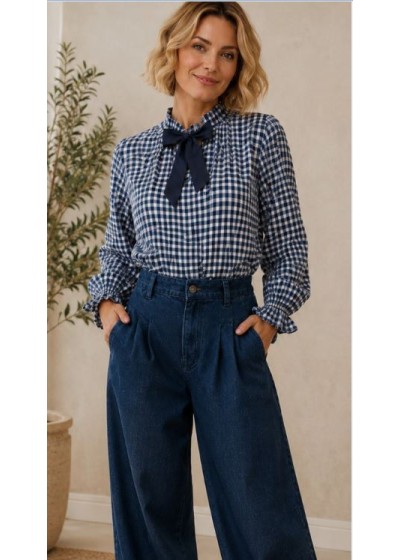 Camisa cuadros lazo frunce cuello y puños azul