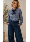 Camisa cuadros lazo frunce cuello y puños azul
