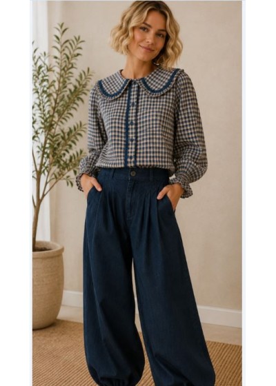 Camisa cuadros babero con puntilla azul-burdeos