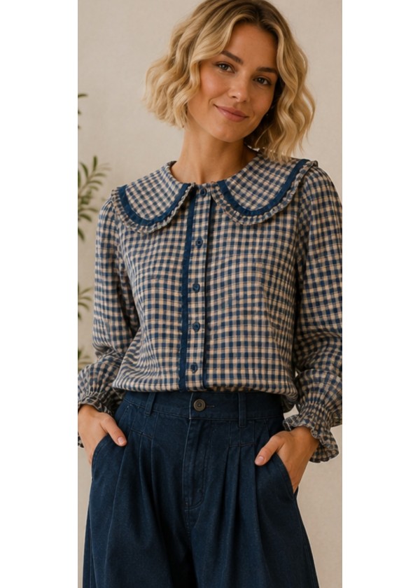 Camisa cuadros babero con puntilla azul-burdeos
