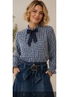 Camisa cuadros lazo frunce cuello y puños azul
