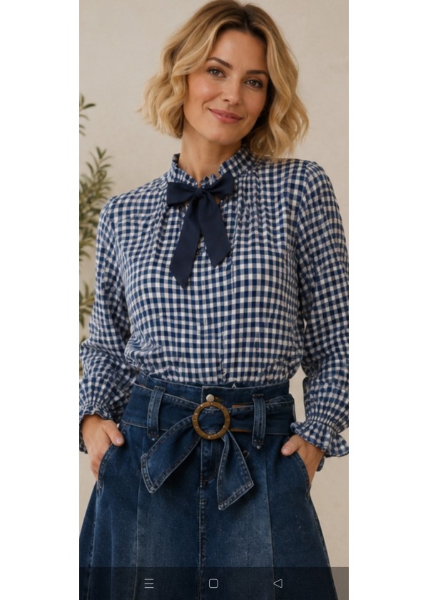 Camisa cuadros lazo frunce cuello y puños azul