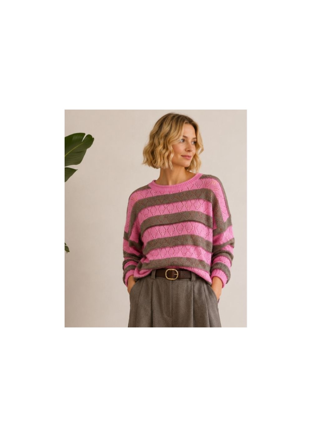 Jersey calado  contraste rosa taupe