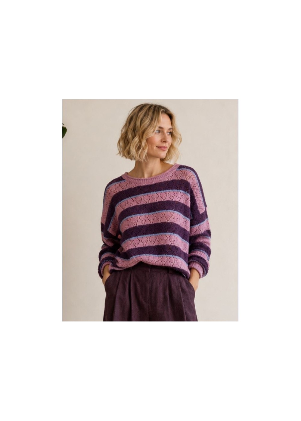 Jersey calado  contraste rosa berenjena